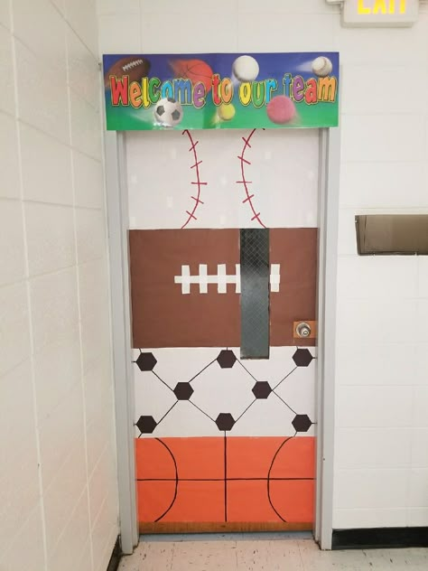 My sports-themed classroom door!! Sport Door Decorations Classroom, Sports Themed Door Decorations, Sport Theme Classroom Door, Basketball Classroom Door, Classroom Door Sports Theme, Sports Theme Door Decorations Classroom, Sports Themed Classroom Door Designs, Soccer Classroom Door, Sports Themed Hallway Decorations