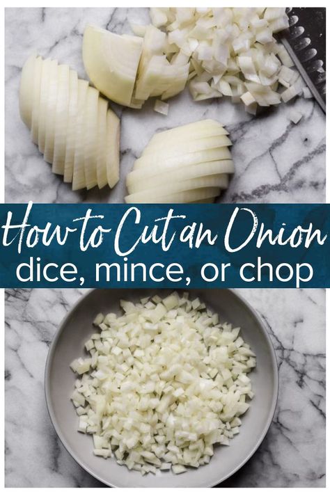 Wondering how to cut an onion? So many recipes call for a bit of onion, and I very much approve of that! Whether you need diced onion, minced onion, or chopped onion, you need to know how to do it properly. Learning how to chop an onion is one of those basic cooking skills that will always come in handy. I'll show you how to dice an onion, how to mince onion (plus the difference between the two), how to store cut onions, and even how to saute onions! #cookingbasics #onions Dicing An Onion, Dice An Onion, Basic Cooking Skills, Cut An Onion, Baking Guide, How To Cut Onions, Basic Cooking, Knife Skills, Veggie Meals