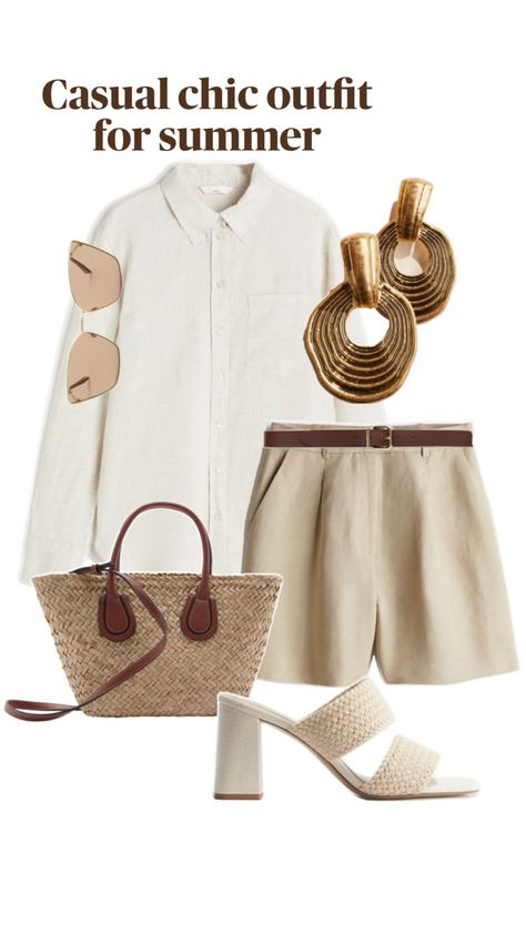 linen shirt. linen shorts. gold accessories. elegant mules. retro sunglasses Beige Summer Outfit, White Heeled Sandals, Beige Outfit, Straw Tote Bag, Straw Tote, Casual Dinner, Oversized Sunglasses, Sunny Day, Heeled Sandals