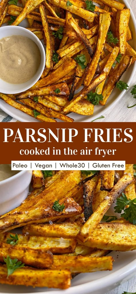 These healthy parsnip fries are made in the air fryer. They're crisp, flavorful and super easy to make! In addition, this air fryer parsnip recipe is Paleo, Vegan and Whole30 approved. #airfryer #parsnipfries #parsnips #paleo #whole30 Easy Paleo Air Fryer Recipes, Paleo Parsnip Recipes, Air Fryer Vegetable Fries, Air Fryer Parsnip Fries, How To Cook Parsnips Recipes, Air Fryer Vegetable Crisps, Parsnip Recipes Vegan, Parsnips In Air Fryer, Healthy Parsnip Recipes