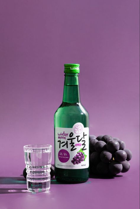 Love at first taste soju “Wintermoon” Kyoho grape Soju Advertisement, Soju Packaging, Soju Aesthetic, Bottle Photoshoot, Soju Drinks, Photoshop Illustration Tutorial, Korean Soju, Product Lighting, Bt21 Merch