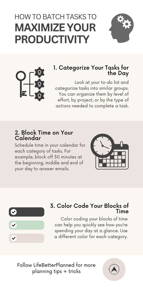 How to batch tasks to maximize productivity. 1.Categorize your tasks for the day  Look at everything you need to do for the day and categorize your tasks into similar groups. 2. Block time off of your calendar. Schedule time in your calendar for each category of tasks. 3. Color code your blocks of time. Color coding your blocks of time can help you better understand how you’re spending your day at a glance. Use a different color for each category. Task Batching, Professional Development Goals, Time Management Activities, Improve Brain Power, Business Books Worth Reading, How To Be More Organized, Planning Hacks, Good Leadership Skills, Basic Physics