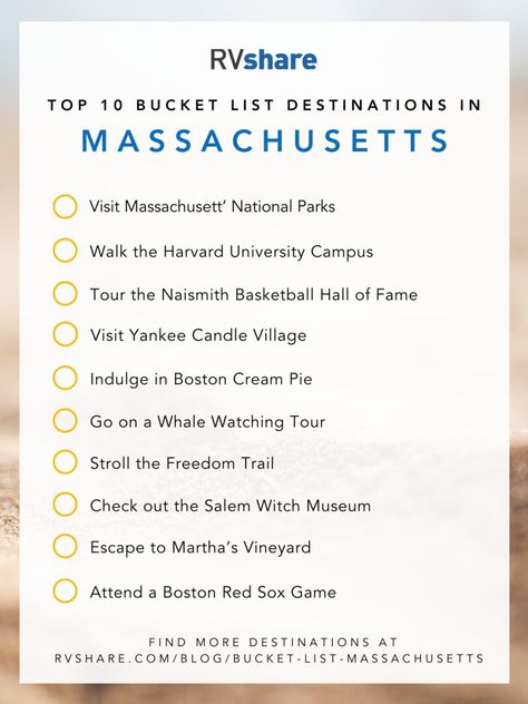 The Top 32 Bucket List Destinations in Massachusetts - RVshare.com Massachusetts Bucket List, Things To Do In Massachusetts, Boston Bucket List, Salem Witch Museum, Massachusetts Travel, Usa Trip, Usa Roadtrip, Harbor Island, Freedom Trail