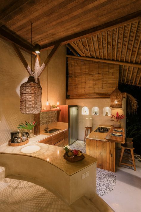 View Kitchen — Treehouse Shakti | Cob Earthen Home for Rent in Bali Cob Home, Open Concept House, Cob House Interior, Earthen Home, Straw Roof, Ensuite Design, Eco House Design, African House, Nature Peace