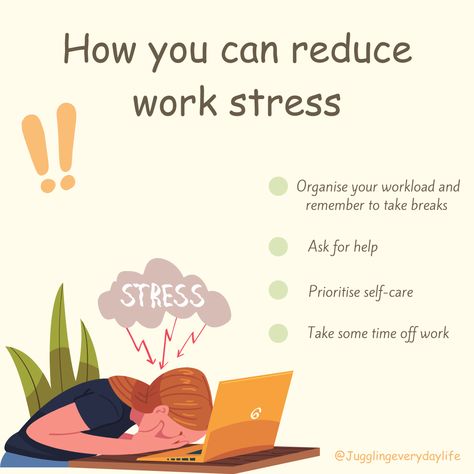 Tips on how to reduce work stress. Self care is important in order to avoid burnout from work. - #selfcaretips #worklife #worklifebalance #stressrelief #stressmanagement #burnout #mentalwellness Avoid Burnout, Off Work, Work Place, Juggling, Ask For Help, Work Life Balance, Mental Wellness, Life Balance, Everyday Life