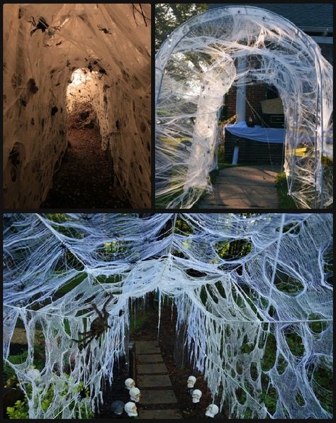 Spiderweb tunnel. Can be made from chicken wire, 1/2 inc pvc pipes, and wood. Diy Halloween Tunnel, Halloween Tunnel Ideas, Halloween Tunnel, Campsite Decorating, Adult Halloween Party Decorations, Halloween Maze, Halloween Diy Outdoor, Spooky Decorations, Halloween Decor Diy