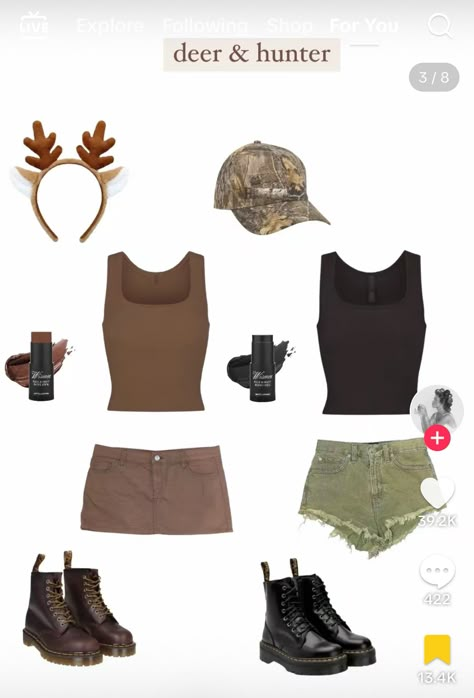 Cute Deer Halloween Costumes, Halloween Deer Costume, Hot Halloween Costumes College Duo, Deer Costume Halloween, Deer And Hunter Costume, Hoco After Party, Hunter Halloween Costume, Hot Duo Halloween Costumes, Deer And Hunter