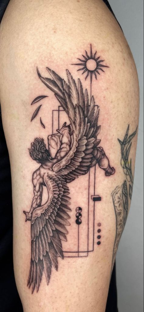 Fallan Angle Tattoo, Falling Angel Tattoo Stencil, Icarus Falling Tattoo Design, Full Send Tattoos, Fallen Angel Tattoo Ideas, Fall Of Icarus Tattoo Design, Fallen Angel Tattoo Stencil, Angel Falling Tattoo, Icarus Falling Tattoo