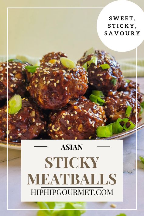 side view of meatballs stacked on a plate with brown sauce, sesame seeds, and green onions Asian Meatballs And Rice, Sticky Meatballs, Sticky Asian Meatballs, Oven Meatballs, Asian Meatballs, Asian Bbq, Sticky Sauce, Meatballs And Rice, Asian Rice