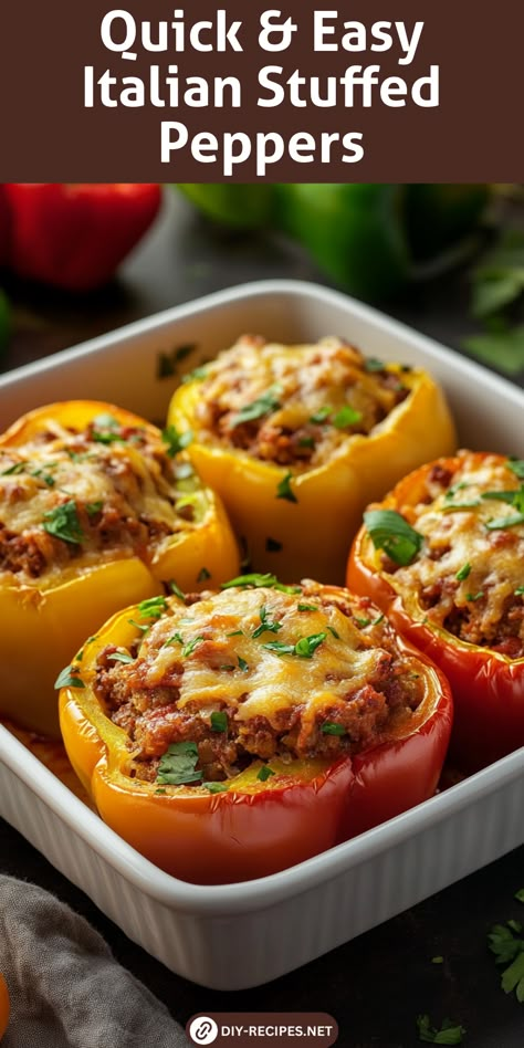 These quick and easy Italian stuffed peppers are filled with a flavorful mix of chicken, rice, and cheese. Perfect for a simple weeknight meal. Stuffed Pepper For One, Stuff Green Peppers Recipes Simple, Easy Quick Stuffed Peppers, Peppers Recipes Meal Ideas, Fresh Pepper Recipes, Stuffed Italian Peppers, Stuff Peppers In The Oven, Red Stuffed Peppers, Stuffed Peppers Italian