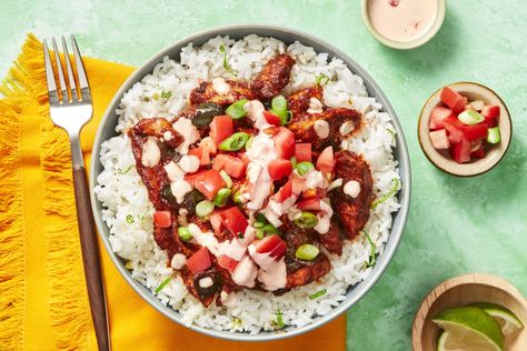 Lone Star Chicken & Rice Bowls Recipe | HelloFresh Hello Fresh Beef Bulgogi Bowl, Hello Fresh Burrito Bowl, Pork Bowls Hello Fresh, Hello Fresh Ramen, Hello Fresh Rice Bowl, Saucy Chicken, Burrito Bowls Recipe, Chicken Rice Bowls, Chicken Burrito Bowl