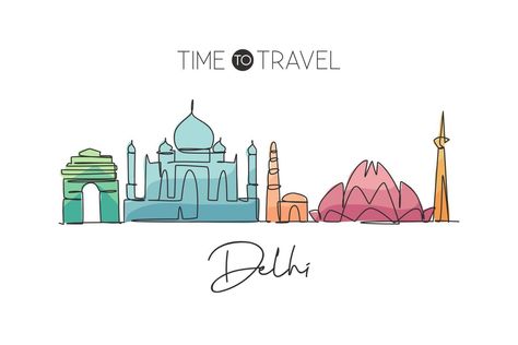 Single continuous line drawing of Delhi skyline, India. Famous city scraper landscape home wall decor art poster print. World travel concept. Modern one line draw graphic design vector illustration Delhi Doodle, Delhi Skyline, Delhi City, Graphic Design Vector, Landmarks Art, City Cartoon, Continuous Line Drawing, Classroom Crafts, Continuous Line