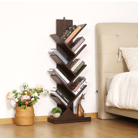 【IDEAL FOR EVERY ROOM 】This 8 shelf tree bookshelf stands out in any living room, bedroom, study, office,etc. Its slim profile looks great in an entryway, corner reading nook, bedside, or any small space in need of vertical lift. Shelf Tree, Deck Furniture Layout, Diy Garden Decor Projects, Tree Bookcase, Tree Bookshelf, Outdoor Entryway, Display Table, Small Deck, Entryway Ideas