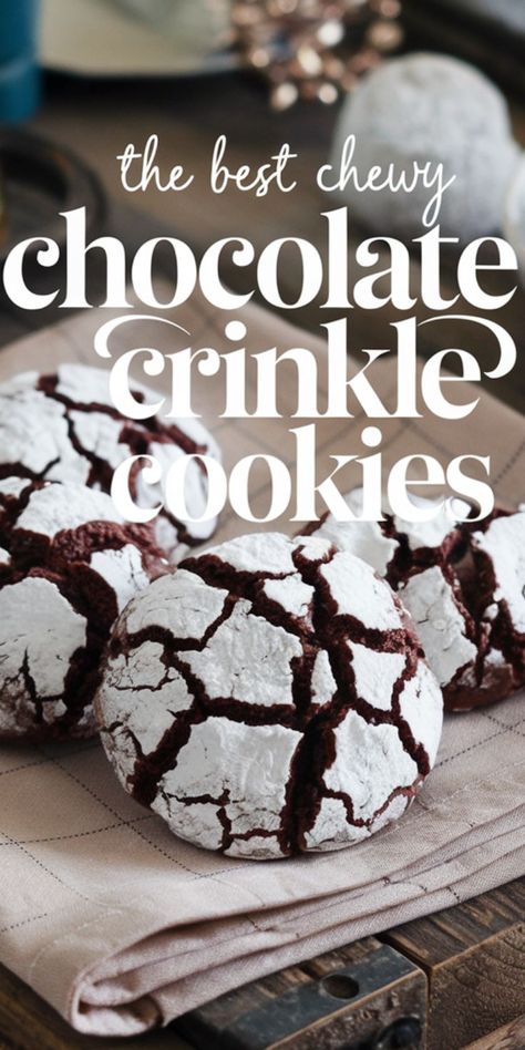 Close-up of cracked chocolate crinkle cookies with a dusting of powdered sugar, resting on a beige cloth. Text reads: "The best chewy chocolate crinkle cookies." Chocolate Krinkle Cookies, Holiday Baked Goods, Chocolate Crinkles Recipe, Christmas Crinkle Cookies, Baked Goods Recipes, Crinkles Recipe, Xmas Cookies Recipes, Chocolate Crinkle Cookies Recipe, Christmas Desserts Party