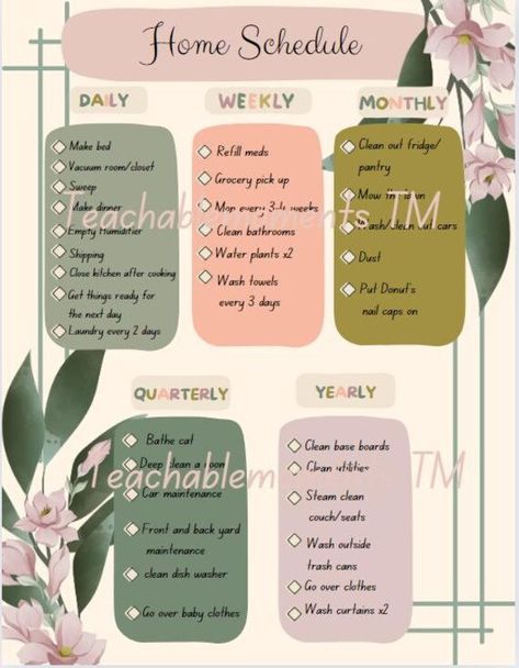 Editable Home Cleaning Schedule Organization Template This is template will help you maintain a routine home cleaning schedule. You may edit it as needed to fit you and your family. Home Routine Schedule, Cleaning Flow Chart, Steam Clean Couch, Boju Ideas, Deep Cleaning Lists, Home Cleaning Schedule, Cleaning Lists, Home Routine, Nail Caps