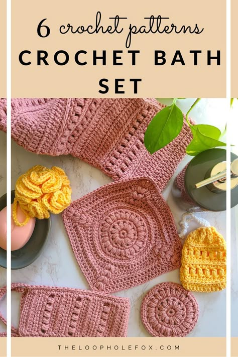 Pamper yourself with the Radiant Crochet Bath Set! This crochet bath set comes with 6 free crochet patterns that will help you feel luxurious and relaxed. Crochet Bath Set, Crochet Soap Bag, Crochet Things To Sell, Crochet Hand Towels, Baby Blankets To Crochet, Crochet Spa Set, Crochet Bathroom Set, Crochet One Skein Projects, Crochet One Skein