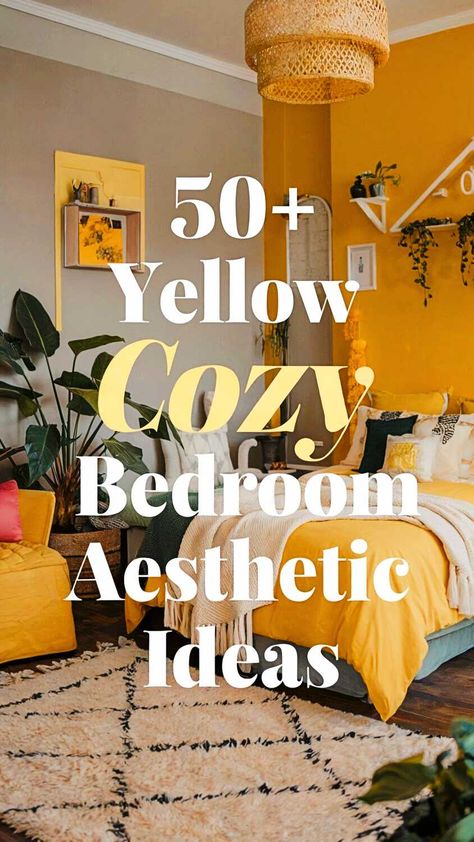 50+ Yellow Cozy Bedroom Aesthetic Ideas Bedroom Decor Mustard, Yellow Bedroom Feature Wall, Bedroom Inspirations Yellow Walls, Yellow Themed Bedroom Aesthetic, Gray And Mustard Bedroom, Yellow Bedroom Ideas Aesthetic, Cosy Fall Bedroom, Sunny Bedroom Ideas, Mustard Comforter Bedroom