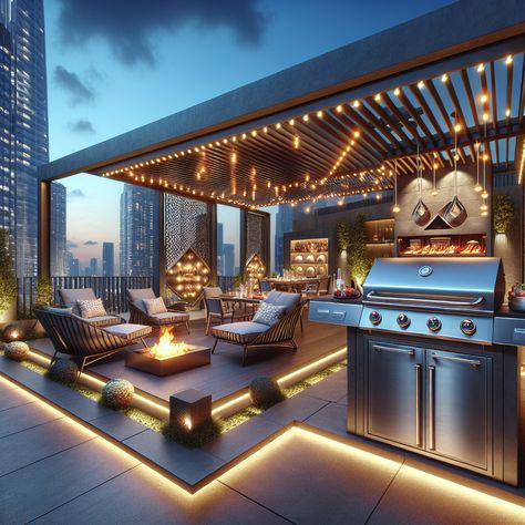 This stylish bachelor's patio features a modern grill station surrounded by sleek furniture, a chic bar, plush lounge area, and a toasty fire pit against an urban backdrop. Perfect for any night out. #OutdoorPatio #BachelorPad #ModernGrill #UrbanLiving #OutdoorBar #OutdoorLiving Rooftop Garden Design Modern, Backyard Bar And Grill, Terrace Designs, Patio Features, Grill Patio, Terrace Bar, Luxury Pools Backyard, Rooftop Patio Design, Indoor Jacuzzi