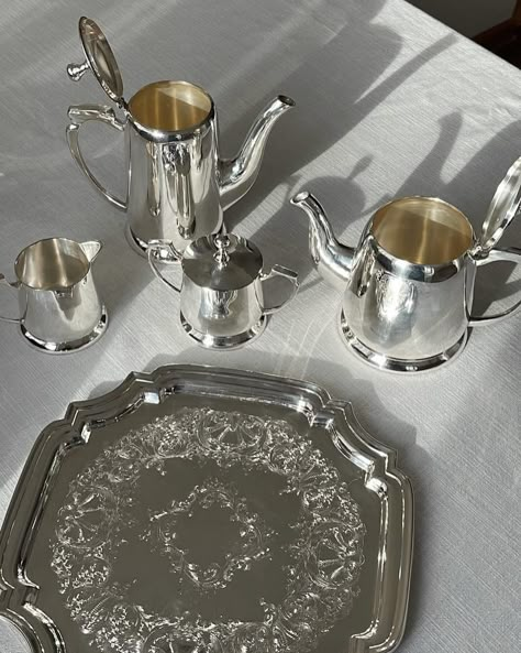 SOLD 💔 Aesthetic Cookware Set, Silver Table Setting, White Tea Set, Silver Plates, Study Girl, Vintage Apartment, Vintage Tea Set, Silver Tea Set, Home Ware