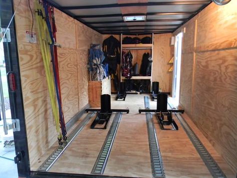 Motocross Trailer, Enclosed Trailer Ideas, Motorcycle Van, Utility Trailer Accessories, Moto Trailer, Enclosed Motorcycle Trailer, Trailer Shelving, Enclosed Motorcycle, Utility Trailer Camper