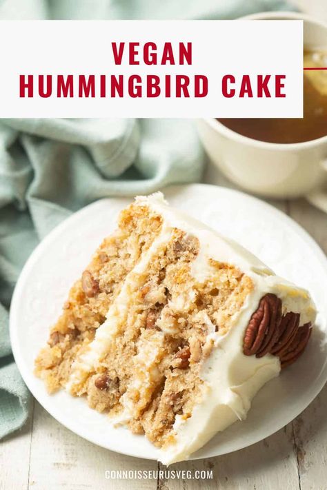 This vegan hummingbird cake is made with three layers of cinnamon-spiced pecan studded banana pineapple cake, with dairy-free cream cheese frosting in between. Every bite is like a mouthful of sunshine! Banana Pineapple Cake, Vegan Hummingbird Cake, Vegan Pound Cake Recipe, Vegan Cake Frosting, Dairy Free Cream Cheese Frosting, Dairy Free Cake Recipe, Bananas Recipe, No Bake Chocolate Desserts, Vegan Pies Recipes