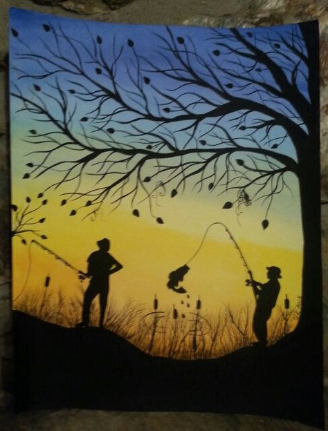 Fishing Painting, Sick Drawings, Fishing Hole, Paint Nite, Cool Fish, Fish Man, Canvas Drawings, Catching Fish, Painted Boards