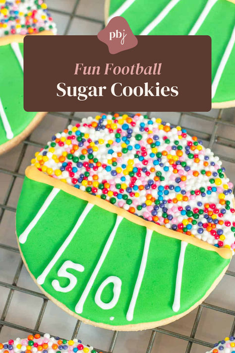 This image contains: Football sugar cookies Stadium Cookies, Tailgate Dips, Football Sugar Cookies, Super Bowl Cookies, Game Day Recipes, Football Cookies, Football Party Food, Royal Icing Recipe, Royal Icing Decorations