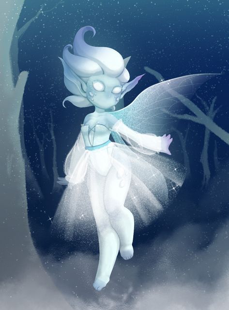 Winter Fairy Character Design, Ice Fairy Character Design, Icy Character Design, Dnd Snow Character, Snowflake Character Design, Winter Fairy Drawing, Snow Creatures Fantasy Art, Winter Mythical Creatures, Snow Fairy Art