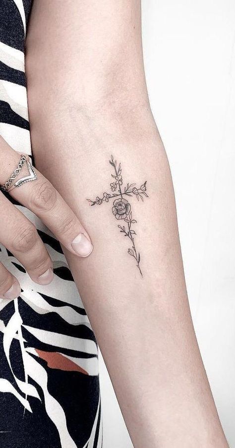 Cross Made Of Roses Tattoo, Small Tattoos Phil 4:13, Small Cross Tattoos, Cross Tattoos For Women, Cross Tattoo Designs, Inspiration Tattoos, Religious Tattoos, Tiny Tattoo, Discreet Tattoos