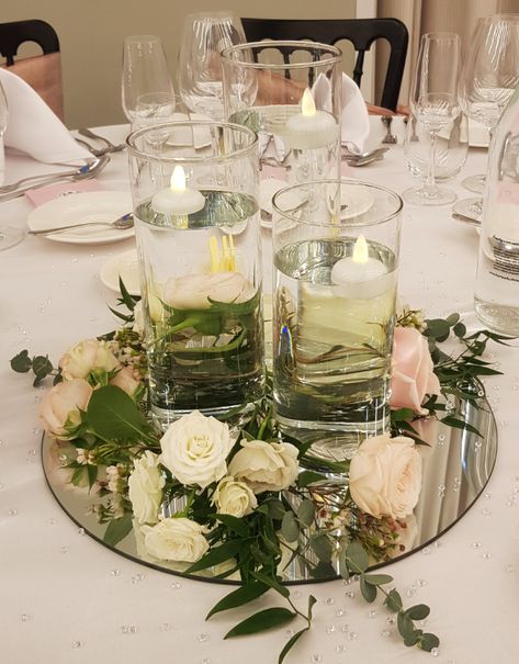 Centerpiece Mirror Base, 3 Glass Vase Centerpiece, Simple Mirror Centerpieces, Wedding Centerpieces With Mirror Base, 3 Cylinder Centerpiece Wedding, Circle Mirror Centerpiece, Mirror Wedding Centerpieces Floating Candles, Wedding Mirror Centerpieces, Circle Mirror Centerpiece Wedding