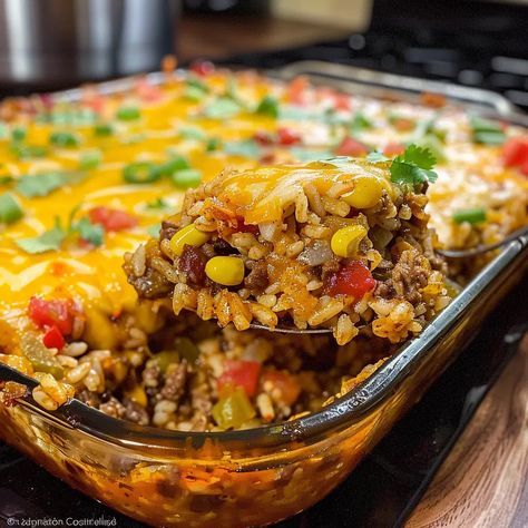 Mexican Beef and Rice Casserole Recipe - Ree Drummond Mexican Rice Casserole, Mexican Rice With Meat, Mexican Rice Baked In Oven, Taco Rice Skillet Beef, Baked Mexican Rice Casserole, One Pan Mexican Rice Casserole, Mexican Casserole With Beef And Rice, Rice A Roni Mexican Rice Casserole, Rice Ground Beef Recipes