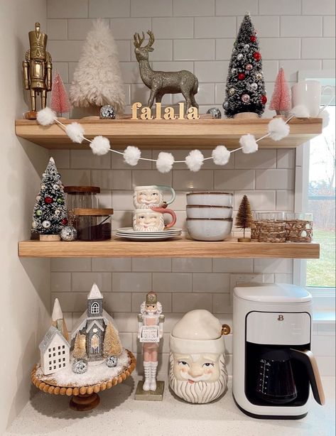 Christmas Kitchen Display, Christmas Coffee Bar Shelves, Christmas Decor Ideas Coffee Bar, Kitchen Open Shelving Christmas Decor, Target Christmas Village, Christmas Decor Coffee Bar, Christmas Mug Display Ideas, Open Shelf Christmas Decor, Open Shelves Christmas Decor