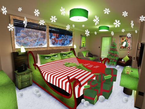 Grinch Lair, Grinch Bedroom, Dorm Room Decor Diy, Grinchmas Party, Hotel Room Decoration, Christmas Hotel, Themed Hotel Rooms, Grinch Ideas, Luxury Christmas Decor