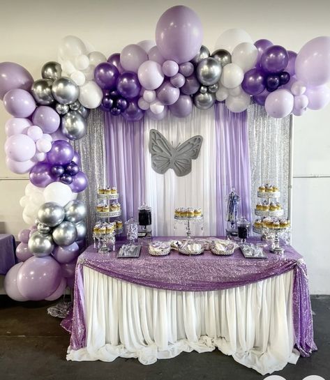 Purple Party Table Setup, Sweet 16 Table Setup Purple, Butterfly Birthday Party Purple, Dessert Table Ideas Purple, Graduation Party Purple Theme, Purple And Silver Butterfly Birthday, Purple Graduation Party Ideas Decoration, Purple Butterfly Party Theme, Purple Butterfly Themed Birthday Party