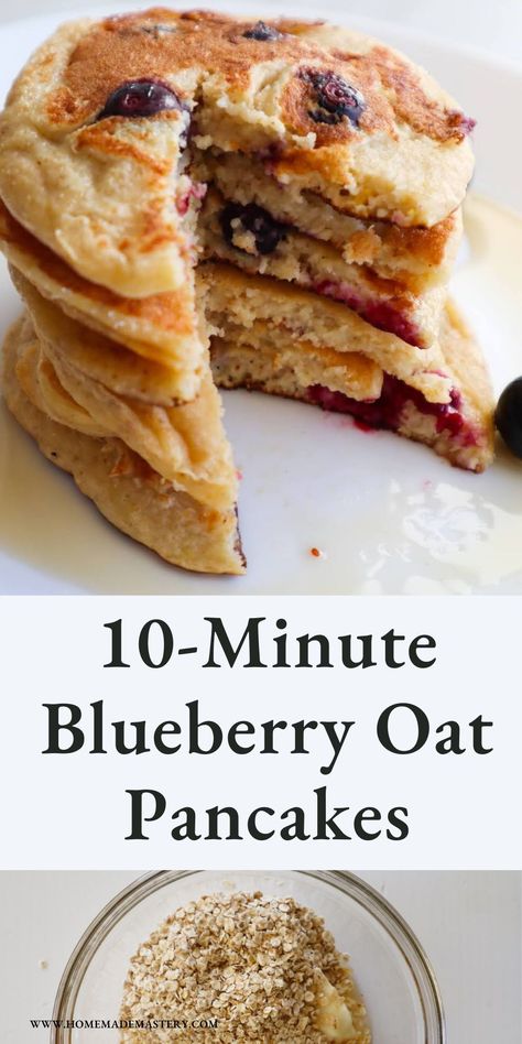 You'll need seven ingredients and a blender to make these delicious flourless healthy oatmeal blueberry pancakes! This is a great healthy breakfast idea with gluten free oats that you will want to make again and again! Blueberry Oatmeal Pancakes Healthy, Healthy Pancakes Easy, Blueberry Oatmeal Pancakes, Oatmeal Pancakes Easy, Healthy Blueberry Pancakes, Oatmeal Pancake, Oatmeal Blueberry, Oatmeal Pancakes Healthy, Healthy Breakfast Idea