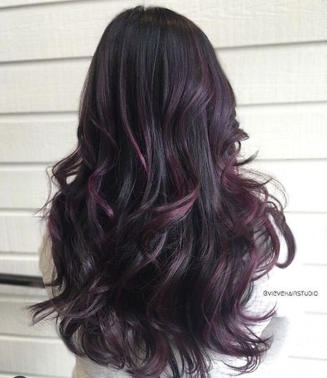 Plum Peekaboo Highlights, Eggplant Bayalage Hair, Plum Balayage Hair Brunettes, Brown And Plum Hair, Plum Balayage Hair, Plum Hair Highlights, Purple Bayalage Hair, Plum Black Hair, Plum Balayage