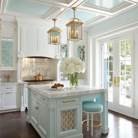 robins egg blue and white kitchen Robins Egg Kitchen, Blue On Blue Kitchen, Egg Shell Blue Kitchen, Robin Egg Blue Kitchen Cabinets, White Blue Kitchen Ideas, Ivory And Blue Kitchen, Baby Blue Kitchen Ideas, Light Blue And Gold Kitchen, Aquamarine Kitchen