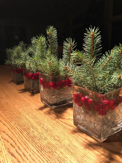 Christmas Work Party Centerpieces, Simple Centerpiece Christmas, Simple Christmas Party Centerpieces For Table, Pine And Cranberry Centerpieces, Christmas Centerpieces For Work Party, Christmas Centrepieces For Tables, Simple Xmas Table Decor Centerpieces, Christmas Event Table Centerpieces, Christmas Pine Centerpieces