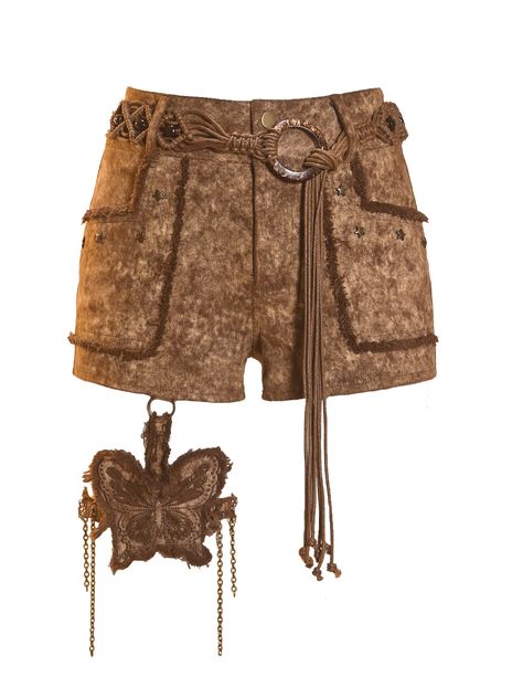 Introducing our edgy Low-Waist Distressed Hot Shorts, perfect for a bold and daring look. These shorts feature a worn-out, vintage finish with frayed edges, exuding a rebellious wasteland vibe. The hemline is tastefully distressed, adding to the overall rugged appeal. Adorned with antique bronze star studs on the pockets, these shorts bring a touch of retro charm.  Complete with a decadent butterfly chain leg garter and a vintage tassel belt, these shorts offer a unique combination of decadence Turquoise Skirt, Butterfly Chain, Tassel Belt, Leg Garter, Retro Jeans, Lace Cami Top, Hot Shorts, Mesh Sleeves, Lace Corset