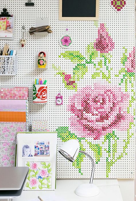 pegboardandrose1 Pegboard Cross Stitch, Room Pegboard, Painted Pegboard, Peg Boards, Diy Cross, Diy Cross Stitch, Craft Room Ideas, Craft Rooms, Cross Paintings