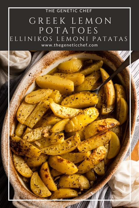 Melt in your mouth Greek lemon potatoes are infused with a flavorful lemon broth for a vibrant twist on your typical side dish. These potatoes are roasted until they’ve absorbed the liquid and develop a golden brown exterior and flavorful, tender interior that will blow you away. #Greeklemonpotatoes #potatoes #sidedish #lemonpotatoes #Greekfood | @thegeneticchef Lemon Greek Potatoes, Roasted Yellow Potatoes, Roasted Chicken Leg Quarters, Greek Roasted Potatoes, Creamy Potato Leek Soup, Greek Lemon Potatoes, Sweet Potato Side Dish, Roasted Chicken Legs, Sweet Potato Sides