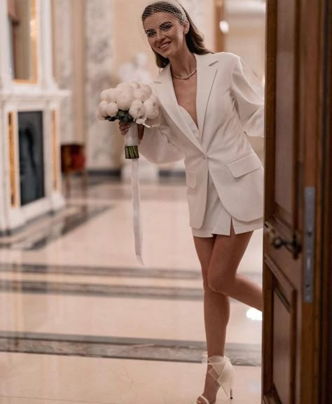 White Suit Dress Wedding, Civil Wedding Looks For Bride, Wedding Dress Courthouse Elopements, Wedding Suit Dress Women, White Blazer Wedding Dress, Simple Civil Wedding Dress Classy Short, Wedding Civil Ceremony Dress, Modern Courthouse Wedding Dress, Wedding Dresses Civil Ceremony