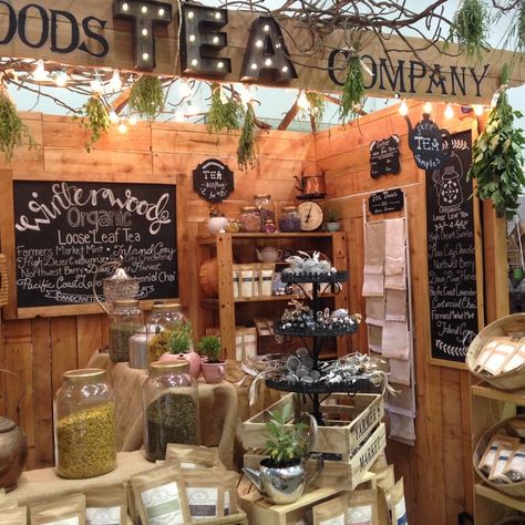 Tea Presentation, Veggie Stand, Farmers Market Booth, Farmers Market Display, Vendor Table, Antique Booth Displays, Tea Display, Herbal Store, Tea Crafts