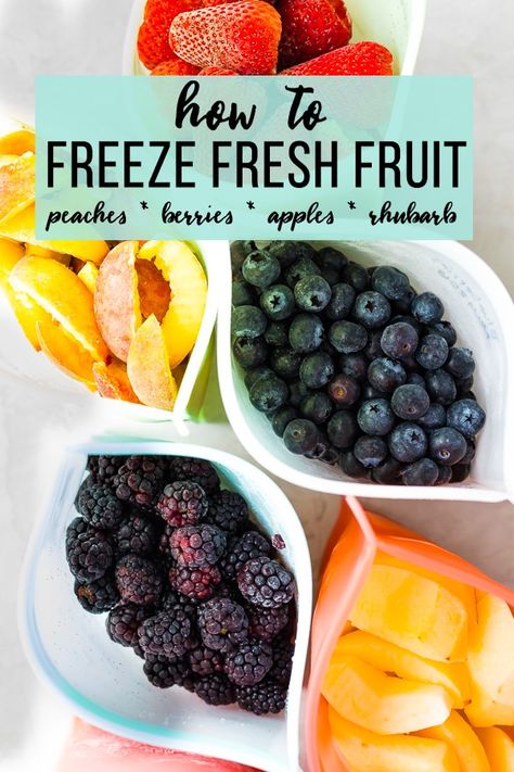 How to freeze fresh fruit- this tutorial tells you how to freeze fruit to maximize freshness and minimize freezer burn. Berries, peaches, apples and rhubarb are all easy to freeze and enjoy year round! Freezing Food Guide, Freeze Fruit, Freezing Fruit, Freezing Vegetables, Freezer Meal Prep, Freezer Burn, Frozen Veggies, Food Saver, Freezer Cooking