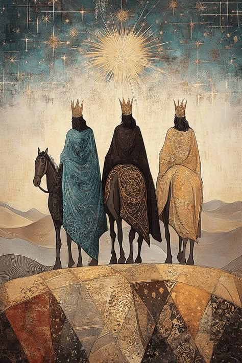 Nativity art painting image Three Kings Painting, Christmas Art Christian, Modern Nativity Scene, Nativity Aesthetic, Jesus Christmas Aesthetic, Epiphany Aesthetic, Christian Illustration Art, Three Kings Art, Catholic Paintings