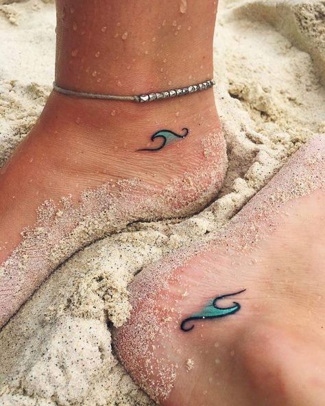 Matching Mermaid Tattoos For Best Friends, Wave Friendship Tattoo, Matching Wave Tattoos For Best Friends, Fins Up Tattoo, Sister Beach Tattoos, Small Beach Tattoos Best Friends, Beach Wave Tattoos For Women, Best Friend Ocean Tattoos, Delicate Wave Tattoo