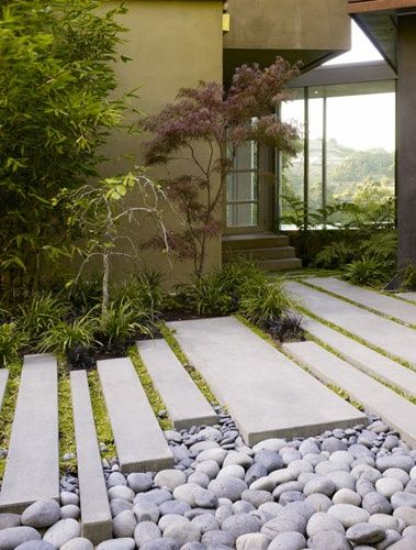 contemporary garden design by carolyn mullet. I like the rectilinear stonescape. Garden Boulders, Modern Japanese Garden Landscapes, Modern Japanese Garden, Walkway Garden, Moderne Have, Japanese Garden Landscape, Contemporary Garden Design, Garden Paving, Japanese Garden Design