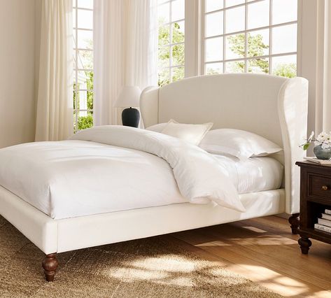 Augusta Upholstered Platform Bed | Pottery Barn Pottery Barn Bed, Barn Bed, Vintage Inspired Bedroom, European Beds, King Size Headboard, Linen Duvet Cover, Relaxing Bedroom, White Duvet Covers, Linen Duvet