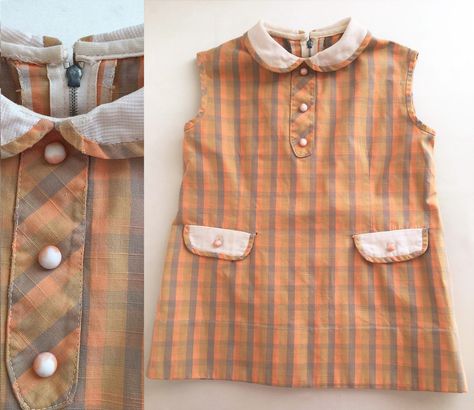 Excited to share this item from my #etsy shop: 1930s gingham check girls vintage dress, size 5 size 6 approx | Orange Green Grey Cotton | Peter Pan collar Check Frock, Dress Peter Pan Collar, Vintage Girls Dresses, Peter Pan Collar Dress, Recycled Fashion, Gingham Check, Thrift Shopping, Green Grey, Vintage Girls