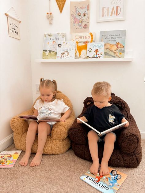 Toddler Reading Corner Cozy Chairs, Cozee Buddy Chairs, Delta Children Toddler Chairs, Toddler Room Inspiration, Kids Room, Kids Playroom Toddler Reading Corner, Whitewash Stone Fireplace, Cozy Chairs, How To Whitewash, Paint Fireplace, Mom Support, Toddler Chair, Cozy Chair, Toddler Rooms